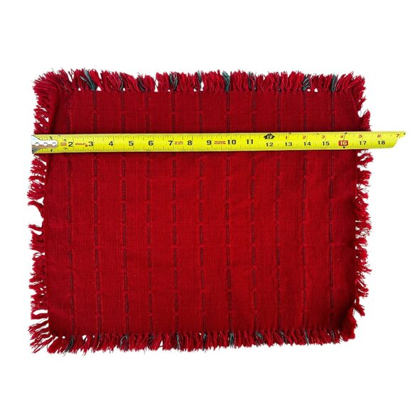 Set Of 4 Handmade Woven Red Placemats & Napkins Fringe Edges & Green Accent - Picture 12 of 16